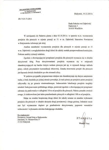 Pismo ze Starostwa Powiatowego w Białymstoku